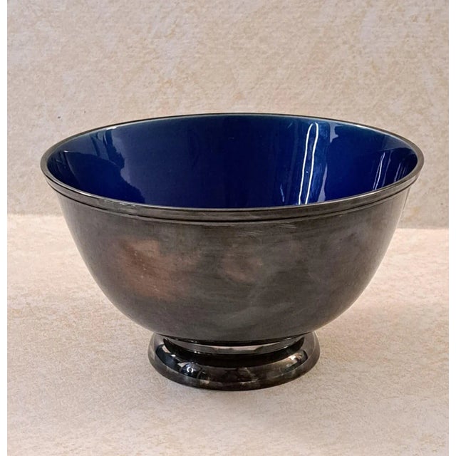 Mid-Century Modern Vintage Towle Silversmiths Bowl Blue Enamel Silverplated Footed, Marked Ep5003 For Sale - Image 3 of 10
