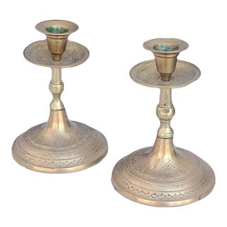 Antique Etched Moroccan Candlesticks- a Pair For Sale