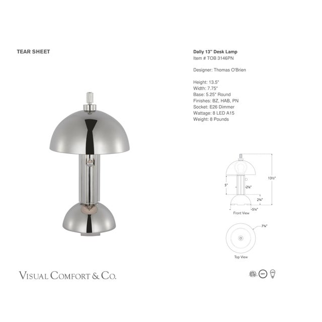 Thomas O'Brien by Visual Comfort Signature Dally 13" Desk Lamp in Polished Nickel Designer: Thomas O'Brien Height: 13.5"...