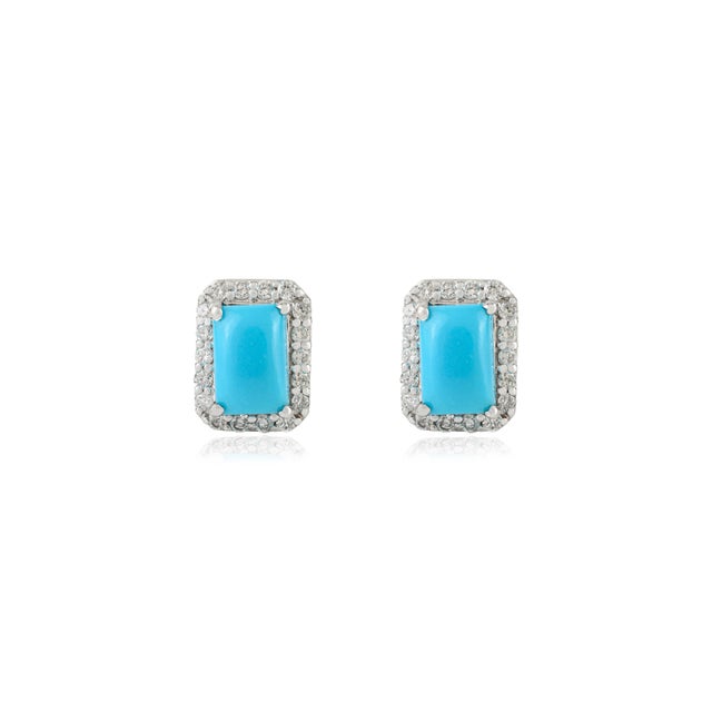 Asian Modern 1.25 Carat Turquoise Stud Earrings With Diamonds in 18k Solid Gold- A Pair For Sale - Image 3 of 13