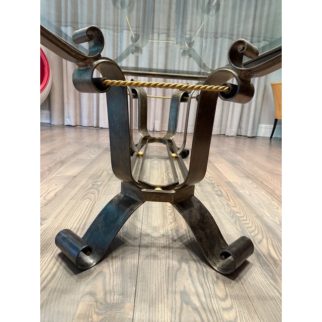 Hollywood Regency Vintage Mid-Century Industrial Dining Table With Sculptural Wrought Iron & Glass For Sale - Image 4 of 5