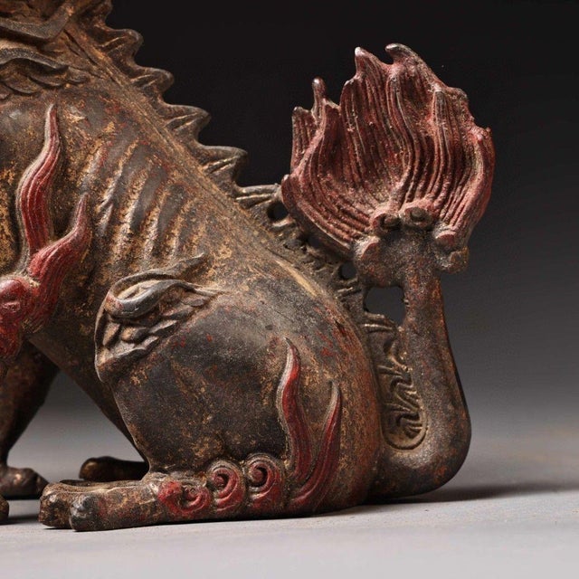 Gilt Bronze Qilin Statue With Cinnabar Accents For Sale - Image 9 of 10