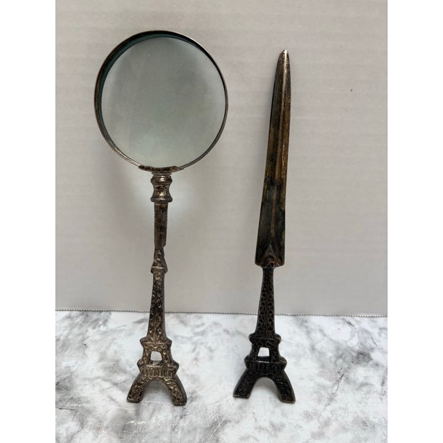 Vintage Eiffel Tower Patterned Pewter Letter Opener and Magnifying Glass, Set of Two For Sale - Image 10 of 10