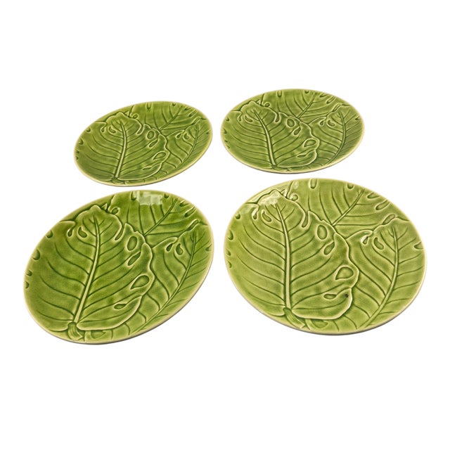 Late 20th Century Monterey Tropical Green Monstera Leaf Dinner Serving Plates - Set of 4 For Sale - Image 9 of 9