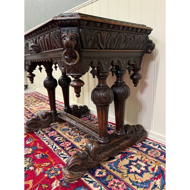 Antique French Dolphin Table Desk Renaissance Revival Petite Drawer Oak c.1890s For Sale - Image 10 of 12