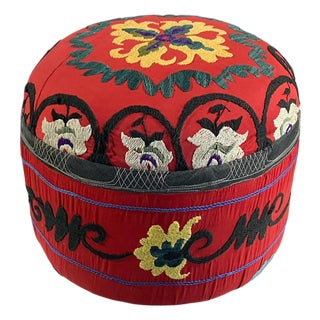 Custom Made Ottoman With Vintage Uzbeck Suzani Upholstery 16" H For Sale