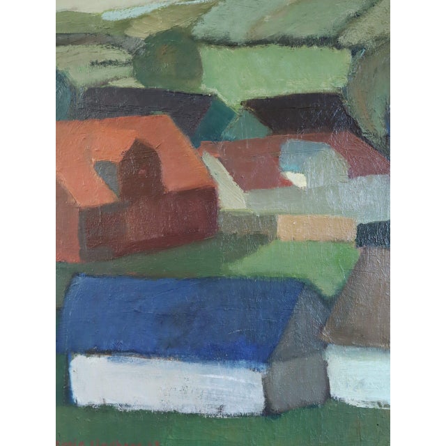 1963 Mid-Century Modern 'Houses by the Rolling Hills' Vintage Swedish Expressive Landscape Oil Painting, Framed For Sale - Image 11 of 12