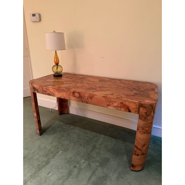 Hollywood Regency Italian Patchwork Burl Veneer Writing Desk With Brass Trim For Sale - Image 3 of 3