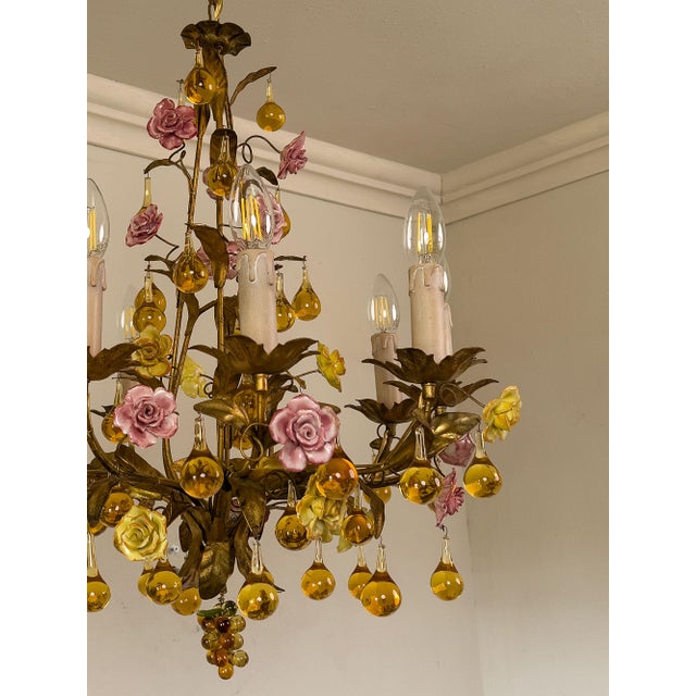 Floral Chandelier in Gilded Iron with Ceramic Flowers and Murano Glass Pendants, Italy, 1960s For Sale - Image 4 of 13