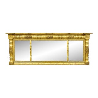 Antique American Federal Gold Giltwood Overmantle 66" Triple Mirror For Sale