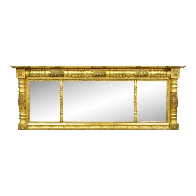 Antique American Federal Gold Giltwood Overmantle 66" Triple Mirror For Sale
