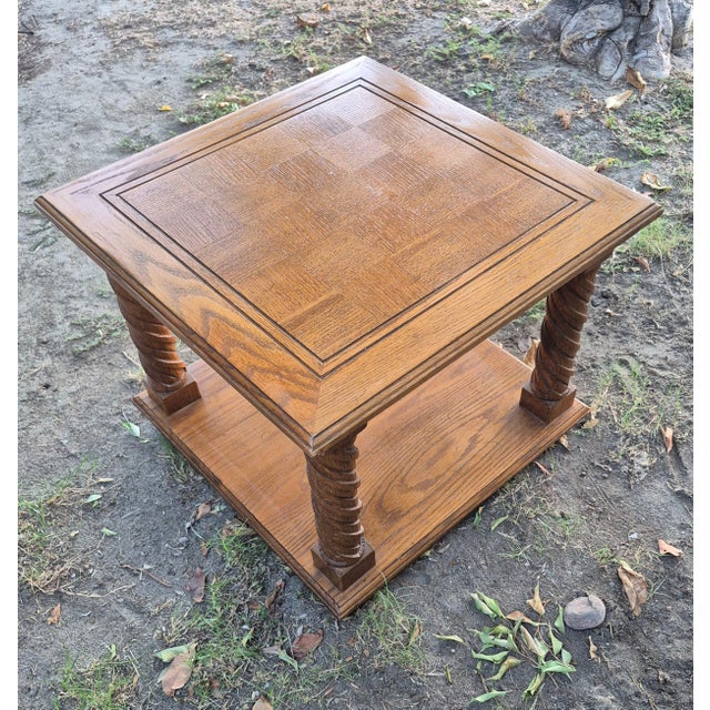Mid-Century Spanish Revival Oak Parquet Two-Tier End Tables - A Pair For Sale - Image 4 of 10