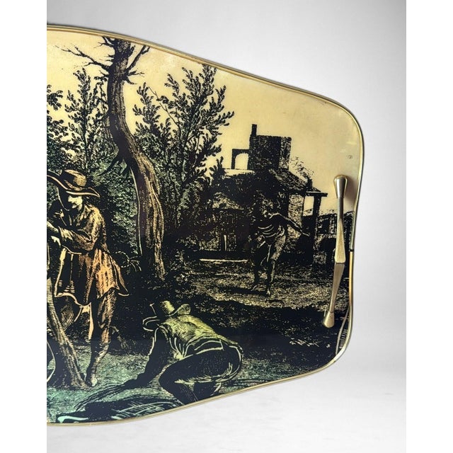 Mid 20th Century Italian Decorative Tray With Brass Handles and Pastoral Scene For Sale - Image 5 of 18