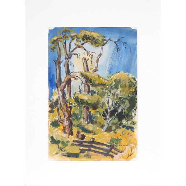 Mid Century Modern Vertical Landscape with Fence in Acrylic on Paper Vibrant landscape by California artist Bertram...