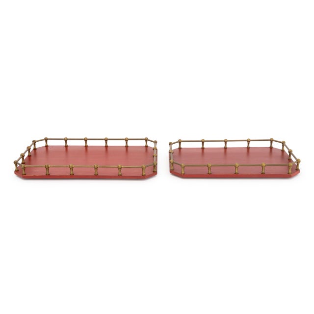 Two Modern Brass Galleried Red Painted Wood Serving Trays. Larger: 2.5" H x 23.5" H x 15.5" D. Provenance: From a Forest...