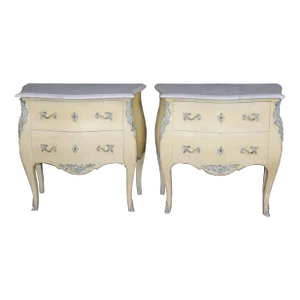 Fine Painted Pair French Louis XV Style Marble Top Bronze Mounted Nightstands
