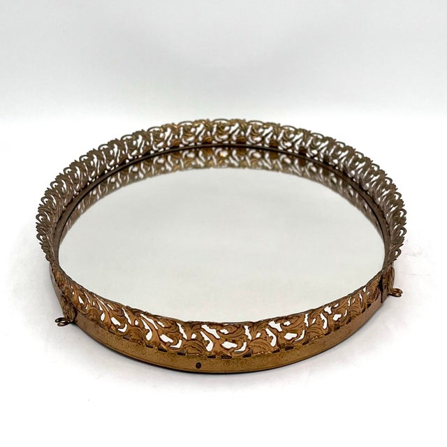 Vintage Hollywood Regency Gold Ormolu Filigree Mirrored Long Oval Tray For Sale - Image 12 of 13