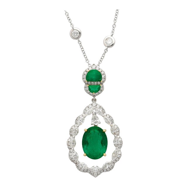 6.42 Carat Floating Emerald with Diamond & Emeralds in 18K Pendant Necklace For Sale