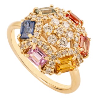 Retro Style 1.73 CTW Multicolor Sapphire & Diamond Cluster Ring Size 5 in 14k Yellow Gold For Sale