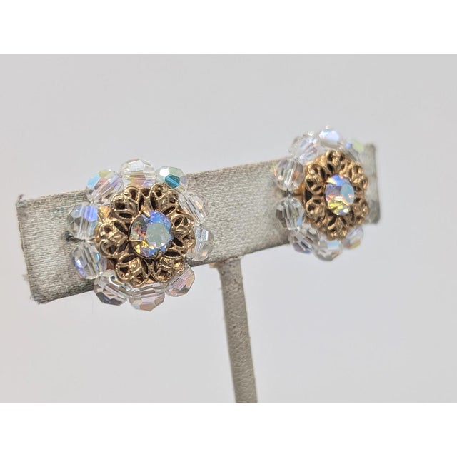 1960s Vintage 1960s Signed Napier Goldtone Filigree Aurora Borealis Clip Earrings- 2 Pieces For Sale - Image 5 of 7