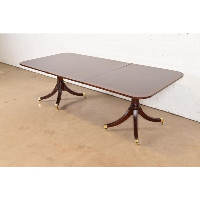 Baker Furniture Style Georgian Banded Mahogany Double Pedestal Extension Dining Table, Newly Refinished For Sale - Image 14 of 14