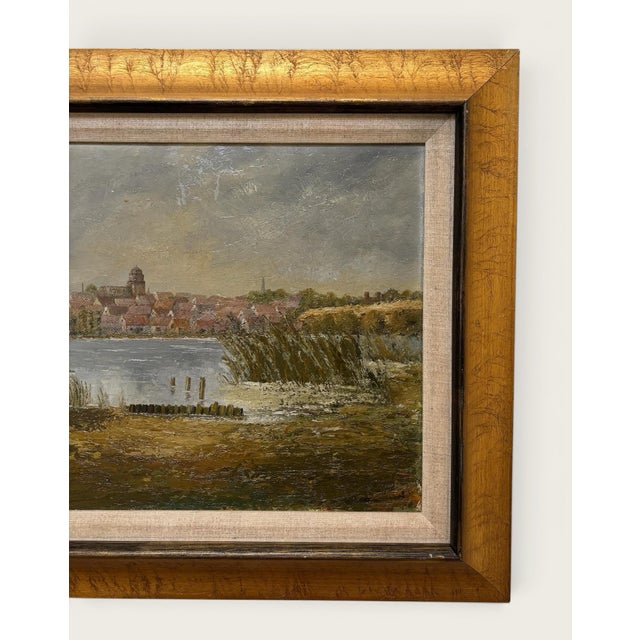 Rustic European Vintage European Coastal Landscape Oil Painting | Framed Harbor Village Seascape For Sale - Image 3 of 10