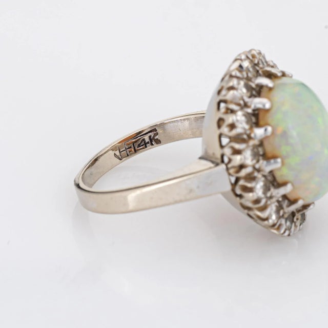 Metal Vintage Natural Opal Diamond Ring 14k White Gold Cocktail Oval Estate Jewellery size 4.5 For Sale - Image 7 of 7