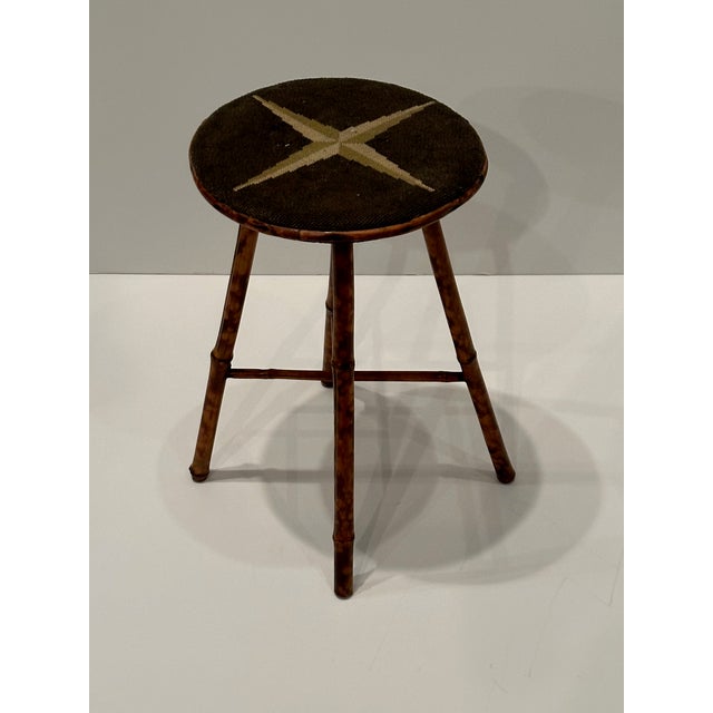 1920s Antique American Bamboo Stool With Original Needlepoint Seat For Sale - Image 5 of 6