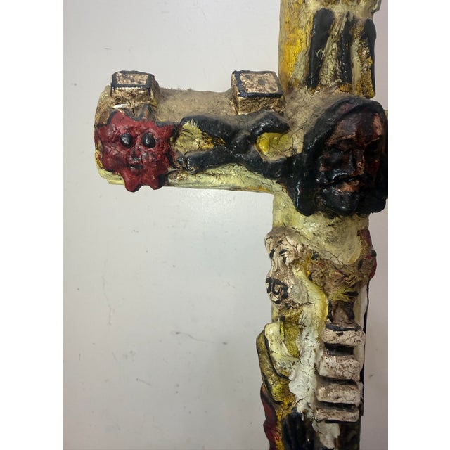 Large 1700's Antique Polychromed Carved Folk Art Wood Religious Crucifix Cross For Sale - Image 12 of 18