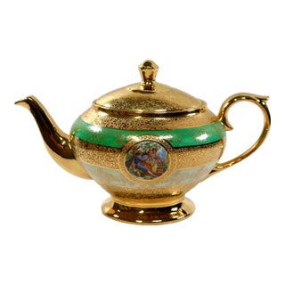 Mid-20th Century LeMieux China 24k Gold Encrusted Porcelain Teapot With Mint Green Band For Sale