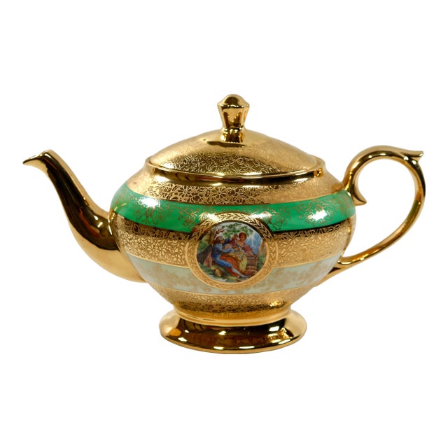 Mid-20th Century LeMieux China 24k Gold Encrusted Porcelain Teapot With Mint Green Band For Sale