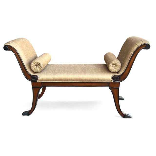 Hollywood Regency Restored Vintage Mahogany X-Design Bench With Brass Claw Feet and Gold Upholstery For Sale - Image 3 of 14