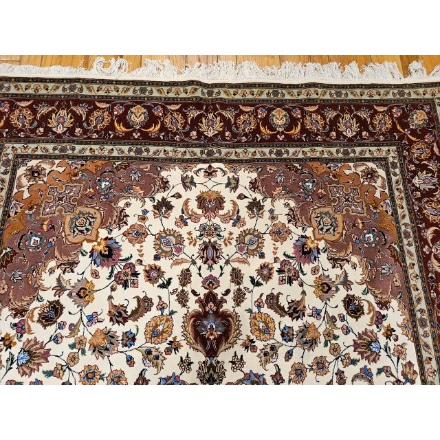 Fine Tabriz Shirfar Rug, Hand-Knotted Wool & Silk, Floral Pattern, Ivory & Chocolate, 7x10 For Sale - Image 17 of 18
