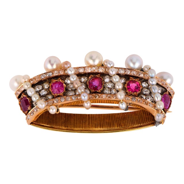 19th Century Victorian Ruby Diamond Pearl 18k Rose Gold Crown Brooch For Sale
