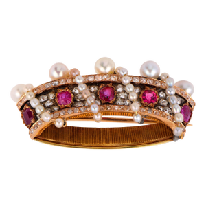 19th Century Victorian Ruby Diamond Pearl 18k Rose Gold Crown Brooch