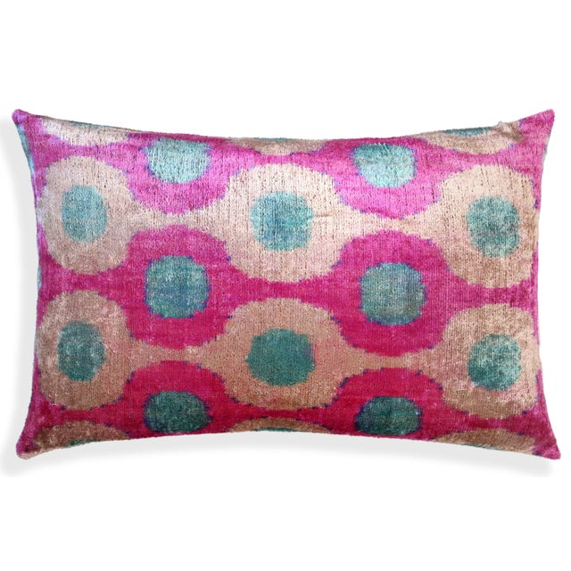 Pink and Aqua Circle Silk Velvet Pillow 16x24 Handmade Luxury Cushion For Sale - Image 4 of 8