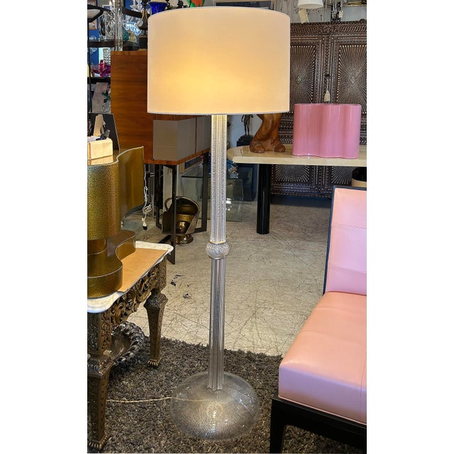 Italian Seguso Silver-Infused Blown Murano Glass Floor Lamp with Fabric Shade Italian Seguso Silver-Infused Blown Murano...
