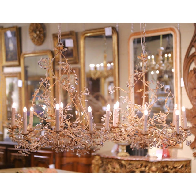 French Pair of French Louis XV Painted Tole and Crystal Eight-Light Chandeliers For Sale - Image 3 of 13