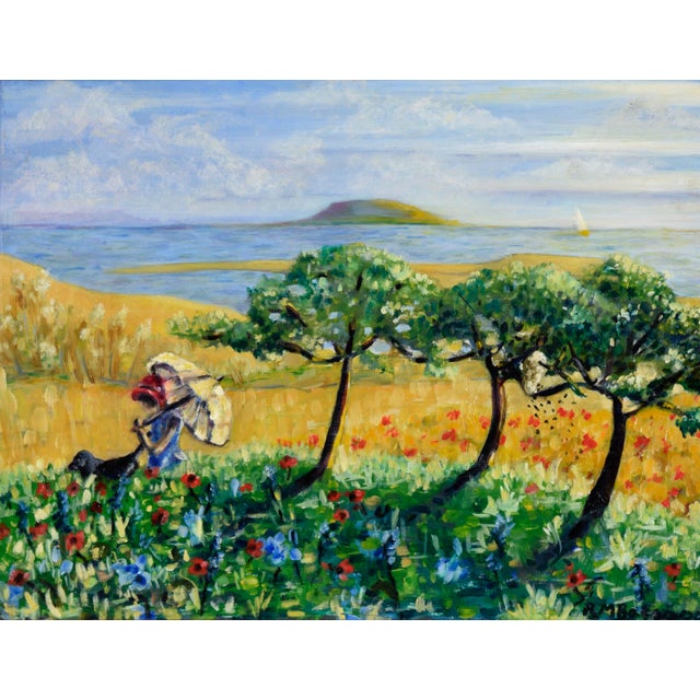 "Promenade" Landscape in Oil on Masonite Spring landscape by Richard M. Bacon (American, 20th Century). A woman with a...