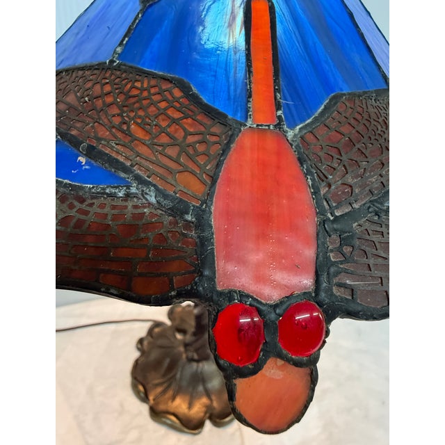 Blue Dragonfly Stain Glass Shade Table Lamp For Sale - Image 8 of 12
