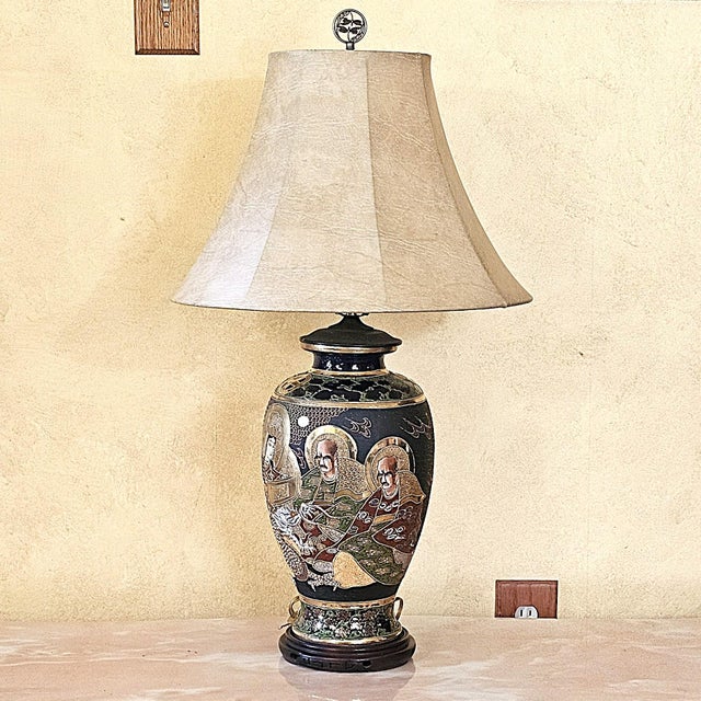 Vintage Japanese Satsuma Moriage Porcelain Table Lamp With Buddhist Immortals For Sale - Image 13 of 18