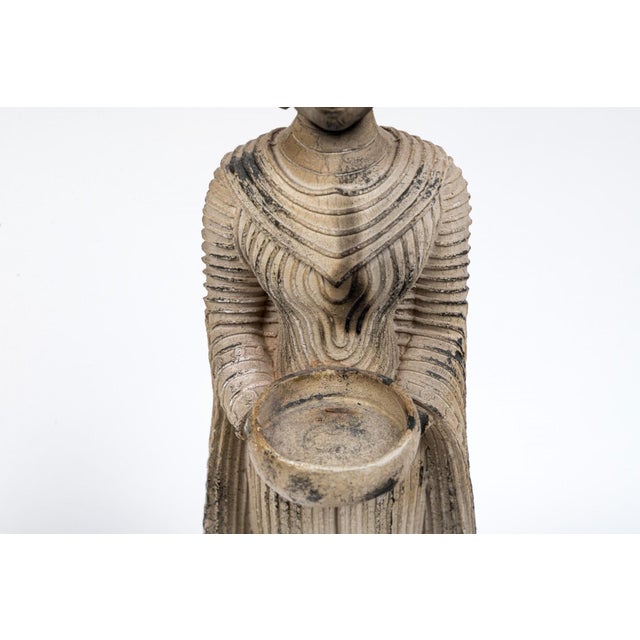 1960s Vintage Carved Standing Terracotta Thai Buddha Statutes on Stand—A Pair For Sale - Image 5 of 9