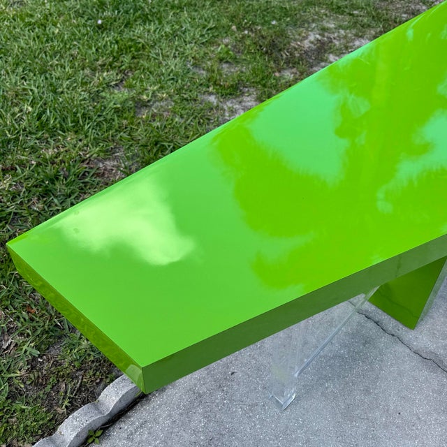 1980s Postmodern Lime Green Lacquer Laminate and Lucite Console Table For Sale - Image 5 of 12