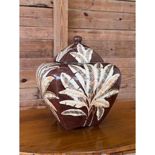 English Monumental Tropical Banana Leaf Porcelain Ginger Jar For Sale - Image 3 of 12