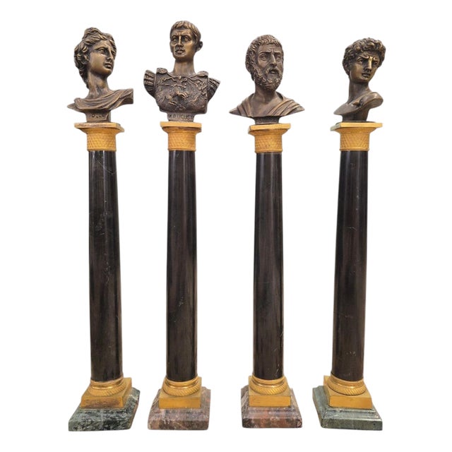 Black Marble Columns with Gilt Bronze Mounts and Roman Emperor Busts, 1898, Set of 4 For Sale
