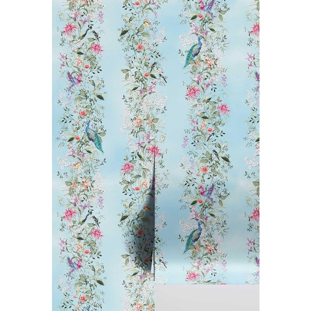Mahjong Floral Stripe Grasscloth Wallpaper by House Party | Bam Blue | 6 Yards For Sale