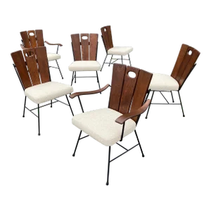 Rare 1950s Iron and Oak Dining Chairs- Set of 6