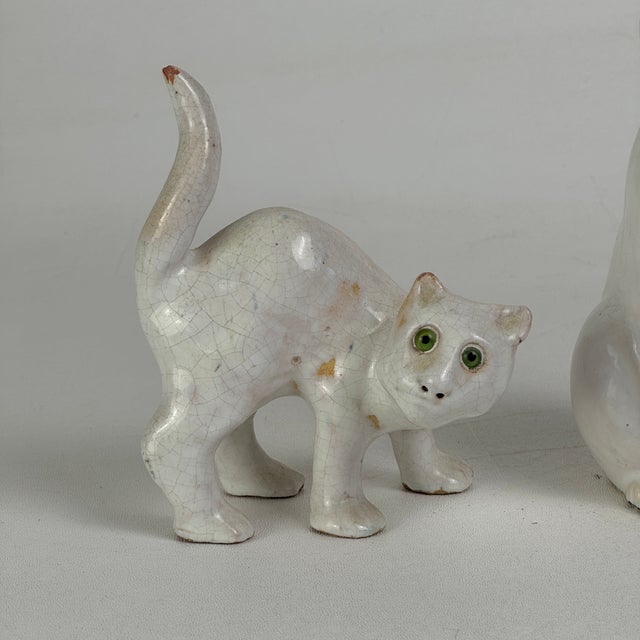 Mid 20th Century Pair of Vintage French White Tin Glazed Terracotta Cat Figurines With Green Glass Eyes For Sale - Image 5 of 10