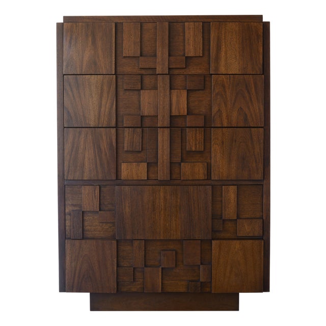 Highboy dresser from Lane's iconic Staccato brutalist collection with 5 drawers and plinth base. All drawers have metal...