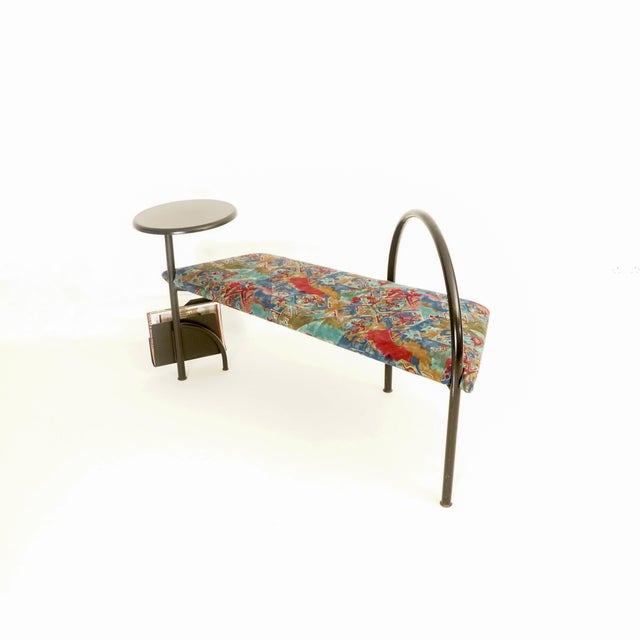 Postnodern Bench with Mounted Coffee Table and Journal Rack, 1980, in Very Good conditions. Designed 1980 to 1989